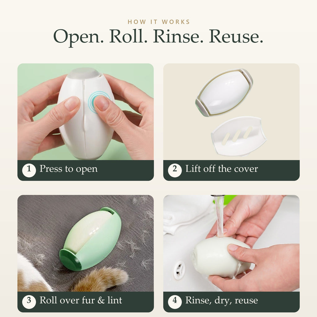 How it works: press to open, lift off the cover, roll over fur and lint, rinse, dry and reuse