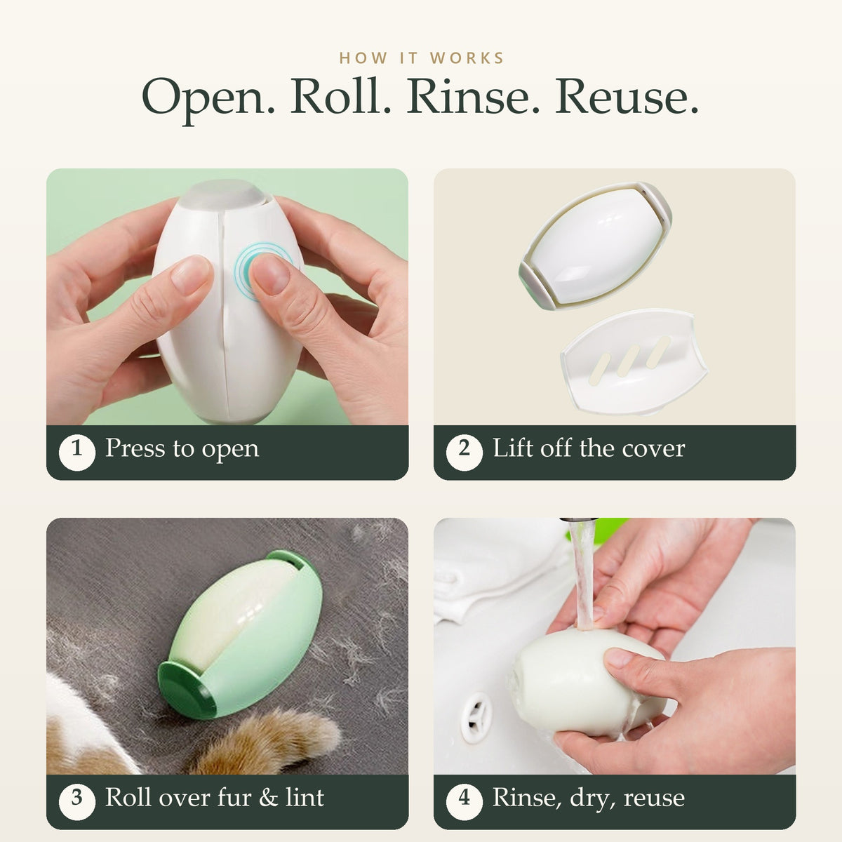 How it works: press to open, lift off the cover, roll over fur and lint, rinse, dry and reuse