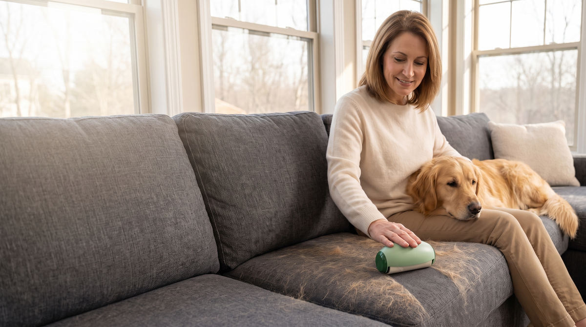 Woman with her golden retriever rolling pet hair off the sofa with the Rinse Roller